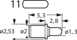Short stroke test pin with probe, round head, Ø 2.53 mm, travel  1.2 mm, pitch 2.7 mm, L 5.3 mm, F70611B130G150