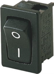 Rocker switch, black, 1 pole, On-Off, off switch, 12 (4) A/250 VAC, 8 (8) A/250 VAC, IP40, unlit, printed