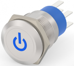 Pushbutton switch, 2 pole, silver, illuminated  (blue), 5 A/250 V, mounting Ø 19.2 mm, IP67, 7-2213766-9