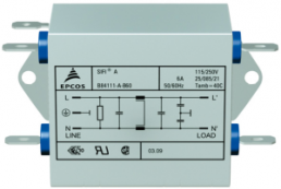 EMC filter, 50 to 60 Hz, 10 A, 250 V (DC), 250 VAC, 820 µH, faston plug 6.3 mm, B84111A0000B110
