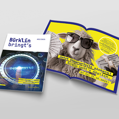 Magazin „Bürklin bringt’s #03/2025“ mit Titel „Industry 4.0“; aufgeschlagene Seite zeigt ein Schaf mit Sonnenbrille und Geldscheinen, daneben der Hinweis auf Steuervorteile bis 31.10.2025.