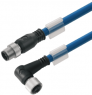 Bus line, M12-plug, straight to M12 socket, angled, PVC, 1 m, blue