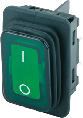 Rocker switch, green, 2 pole, On-Off, off switch, 20 (4) A 250 VAC 1E4, 10 (8) A 250 VAC 5E4, IP65, illuminated, printed, 1935.3118