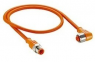 Sensor actuator cable, M12-cable plug, straight to M12-cable socket, angled, 4 pole, 0.3 m, PVC, orange, 4 A, 71536