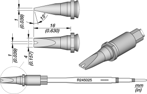 Soldering tip, Special form, Ø 1 mm, (W) 16 mm, R245025