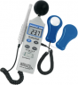 Multi-function tester for light, noise, atmospheric humidity and temperature