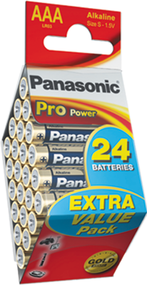 LR03PPG AAA 24X Panasonic Round Cells, 9V Blocks