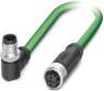 Network cable, M12-plug, angled to M12 socket, straight, Cat 5, SF/TQ, PUR, 2 m, green