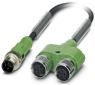 Sensor actuator cable, M12-cable plug, straight to 2 x M12 cable socket, straight, 4 pole, 3 m, PUR, black, 4 A, 1436233