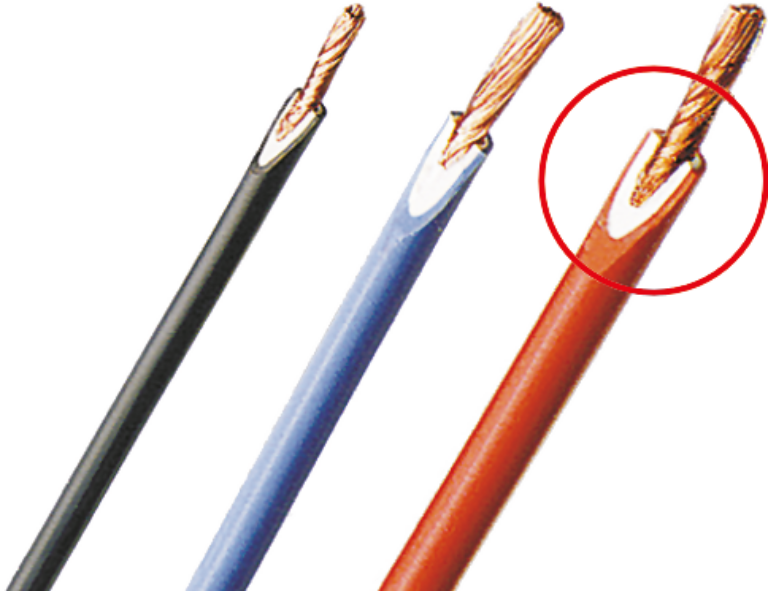 Two-coloured coating of flexible stranded wires of Stäubli on transparent background